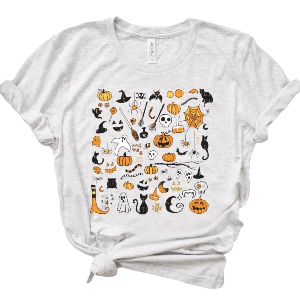 Halloween Graphic T-shirt Pumpkins Ghosts Bats Cats Witches Cobwebs Size Small
